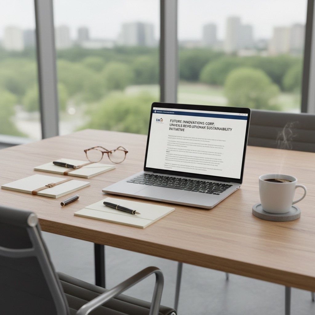 Ein Laptop mit einer Nachhaltigkeitsinitiative auf dem Bildschirm steht zusammen mit Notizbüchern, einer Brille und einer dampfenden Tasse Kaffee auf einem Schreibtisch vor einem Fenster mit Stadtblick.
